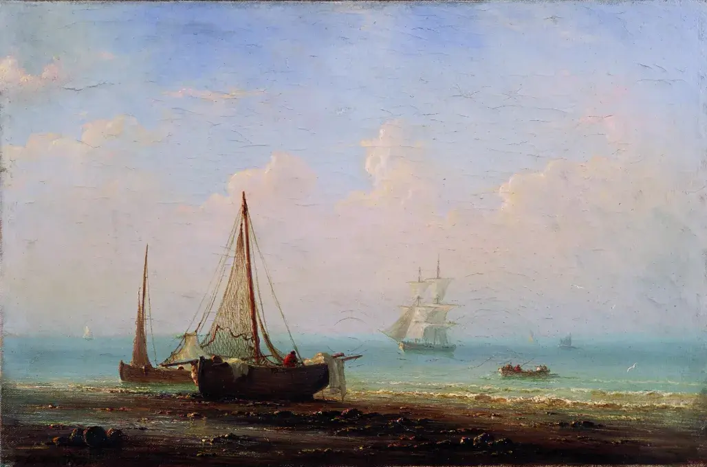 Henriette Herminie Louise GUDIN, Barques échouées à l’aurore, 19e siècle, huile sur toile, collection musée des Beaux-Arts de Brest