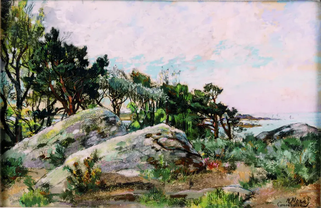 Alexandre Nozal (Auteuil, 1852 – Paris, 1929), Concarneau, pointe du Cabellou vu de Kerandon (Concarneau, rochers dans la lande), dernier quart du XIXe siècle – premier quart du XXe siècle, pastel gras, Donation Nozal, 1971