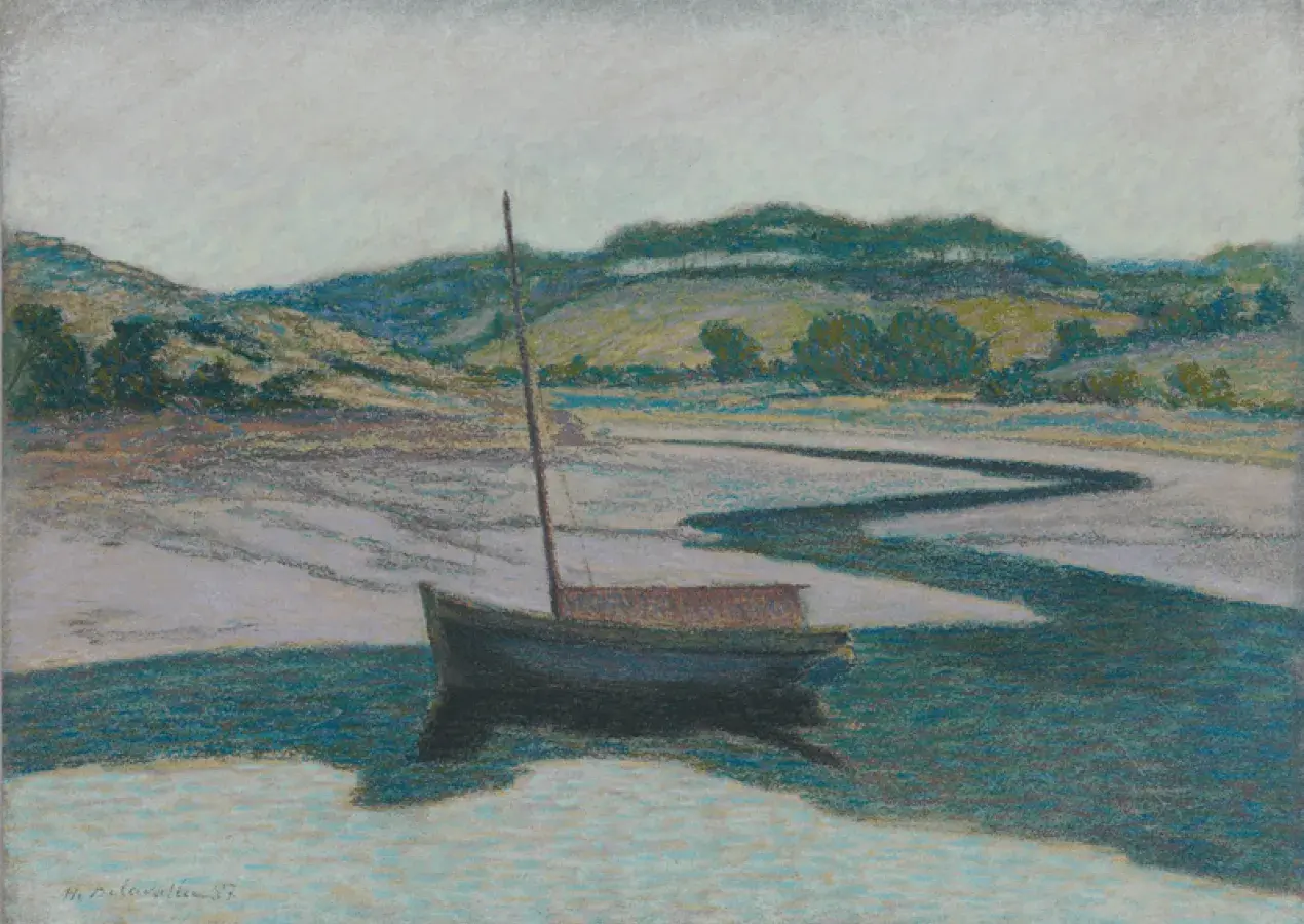 Henri DELAVALLÉE, Barque sur l'Aven à marée basse, 1887, pastel sur papier bleu, collection musée des Beaux-Arts de Brest