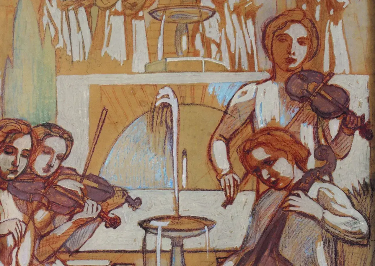 Maurice DENIS, Étude pour Le Quatuor (décor de L’Éternel Été), vers 1904, sanguine, gouache et craie sur calque contrecollé sur carton, collection musée des Beaux-Arts de Brest