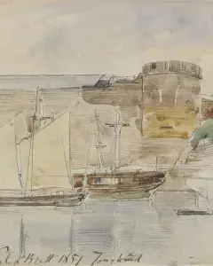 Johan Barthold Jongkind, La Belle Poule à Brest, 1851, crayon et aquarelle sur papier