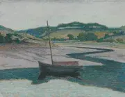 Henri DELAVALLÉE, Barque sur l'Aven à marée basse, 1887, pastel sur papier bleu, collection musée des Beaux-Arts de Brest