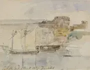  Johan Barthold JONGKIND, La Belle Poule à Brest, 1851, crayon et aquarelle sur papier, collection musée des Beaux-Arts de Brest