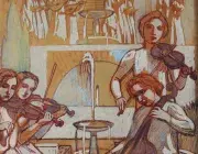 Maurice DENIS, Étude pour Le Quatuor (décor de L’Éternel Été), vers 1904, sanguine, gouache et craie sur calque contrecollé sur carton, collection musée des Beaux-Arts de Brest