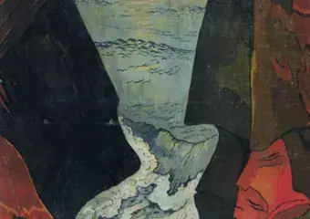 Georges LACOMBE, Vorhor, vague grise, ou Falaises à Camaret, 1892, peinture à l'oeuf sur toile, collection musée des Beaux-Arts de Brest
