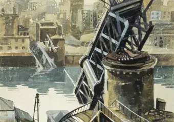 Pierre PÉRON, Brest, le Pont Tournant en ruine, 1944, Gouache sur papier, collection musée des Beaux-Arts de Brest
