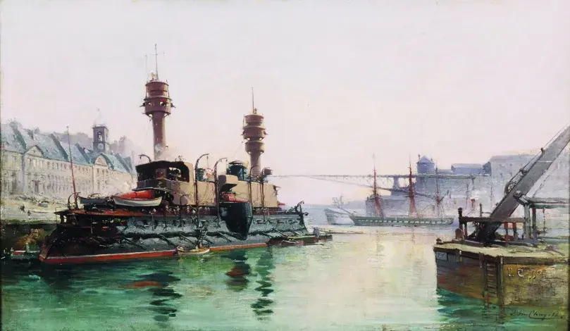 Edmond CHAGOT, Le cuirassé Neptune en Penfeld, 1892, huile sur bois, collection musée des Beaux-Arts de Brest
