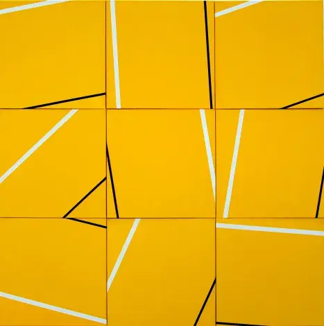 Vera MOLNÁR, Parallèles sur fond jaune, 2000, acrylique sur toile, collection musée des Beaux-Arts de Brest