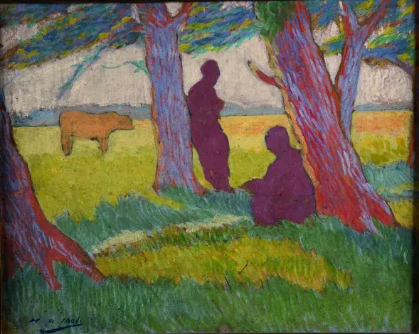 Henri-Gabriel IBELS, Personnages dans un pré, fin 19e-début 20e siècle, huile sur carton, collection musée des Beaux-Arts de Brest