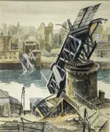 Pierre PÉRON, Brest, le Pont Tournant en ruine, 1944, Gouache sur papier, collection musée des Beaux-Arts de Brest