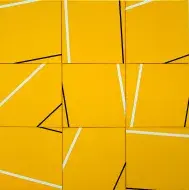 Vera MOLNÁR, Parallèles sur fond jaune, 2000, acrylique sur toile, collection musée des Beaux-Arts de Brest
