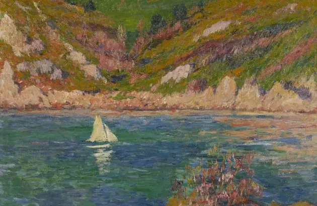 Henry Moret, Voilier en Bretagne, 1898, huile sur toile, collection musée des Beaux-Arts de Brest métropole, legs Monique Le Bras-Lombard, 2019
